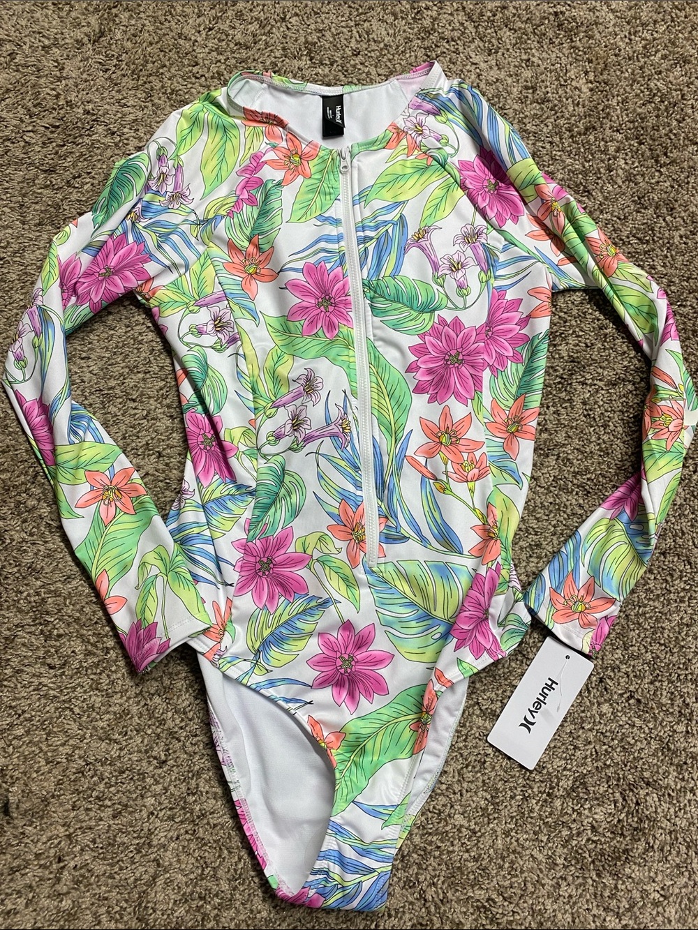 NWT Hurley White Floral Long-Sleeve One-Piece Swimsuit Women’s Large - 1508